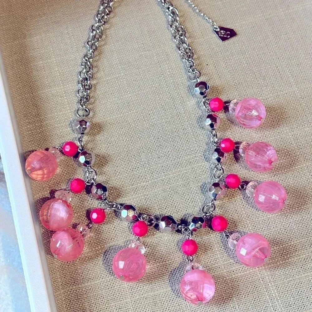 Bright Pink Silver Beaded Statement Necklace Park… - image 2